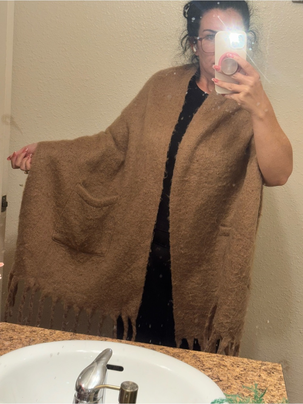 Cost Plus World Market Camel Fringe Pocket Poncho Wrap